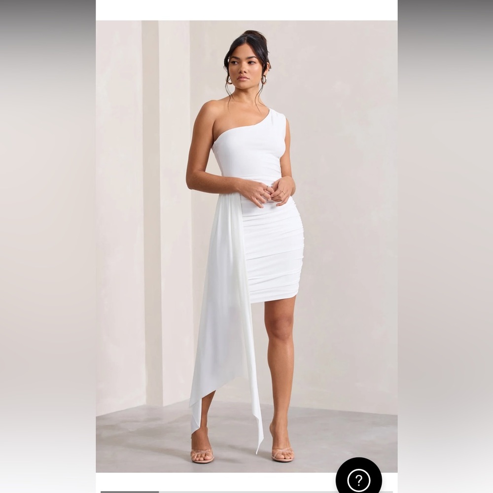 Brand new CHARLIE 
WHITE ONE SHOULDER RUCHED MINI DRESS WITH STATEMENT DRAPE